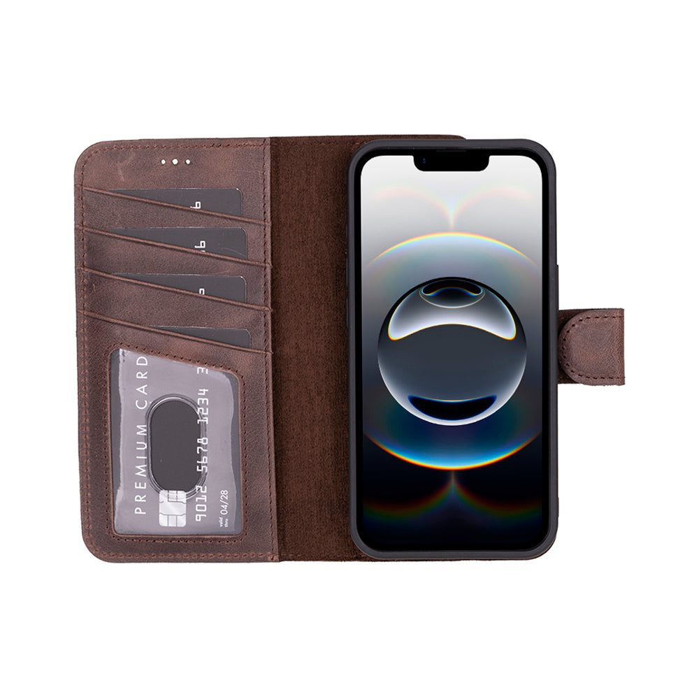 Bloomcase Magic Wallet Dark Brown Apple Iphone 17E / 16E (6.1") Hakiki Deri Çıkarılabilir Cüzdanlı Telefon Kılıfı