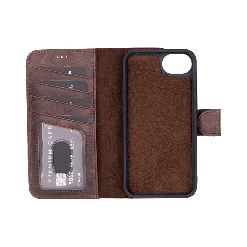 Bloomcase Magic Wallet Dark Brown Apple Iphone 17E / 16E (6.1") Hakiki Deri Çıkarılabilir Cüzdanlı Telefon Kılıfı