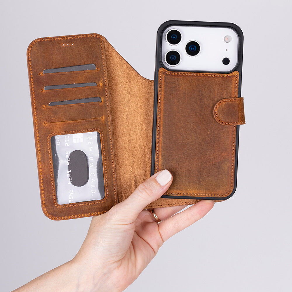 Bloomcase Magic Wallet Moccasin Apple Iphone 17 Pro (6.3") Hakiki Deri Çıkarılabilir Cüzdanlı Telefon Kılıfı