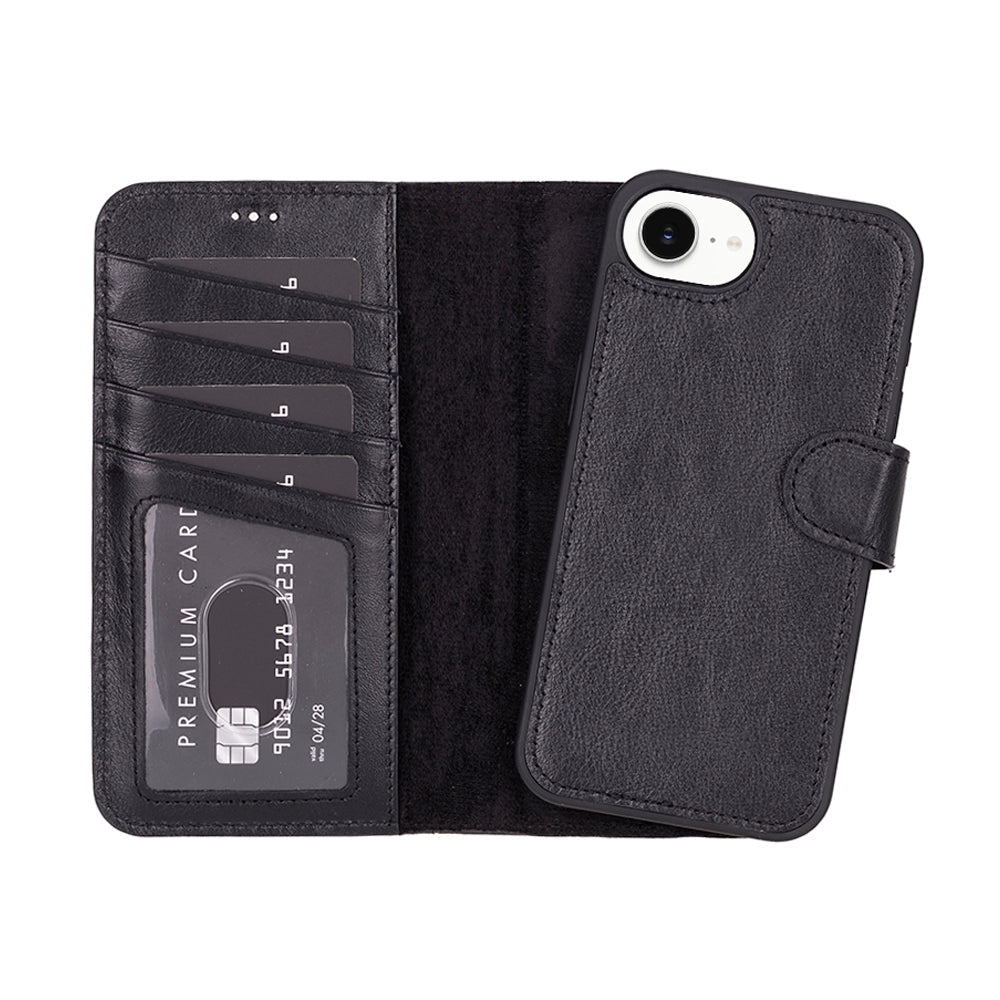 Bloomcase Magic Wallet Oynx Black Apple Iphone 17E / 16E (6.1") Hakiki Deri Çıkarılabilir Cüzdanlı Telefon Kılıfı