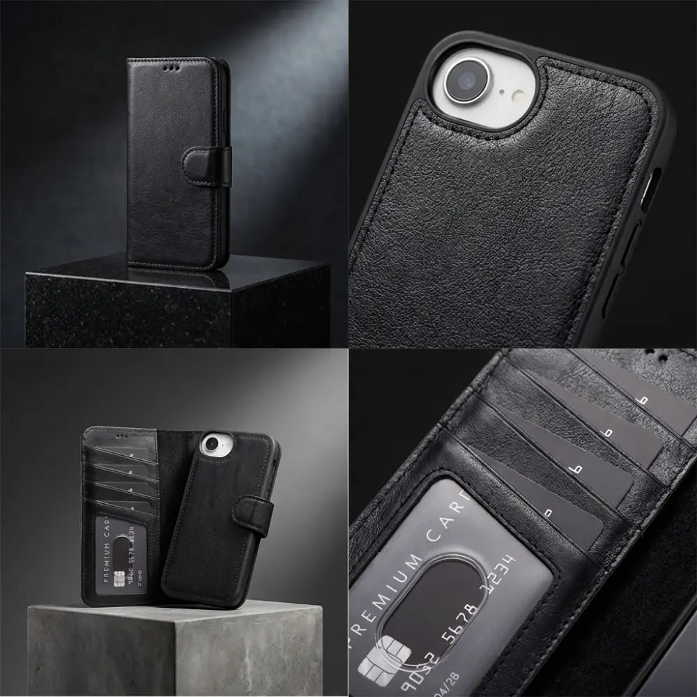 Bloomcase Magic Wallet Oynx Black Apple Iphone 17E / 16E (6.1") Hakiki Deri Çıkarılabilir Cüzdanlı Telefon Kılıfı