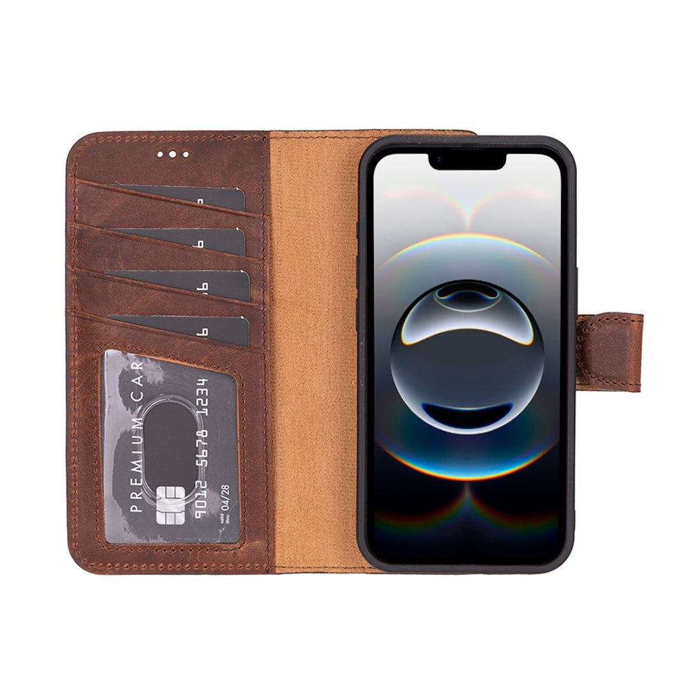 Bloomcase Magic Wallet Saddle Brown Apple Iphone 17E / 16E (6.1") Hakiki Deri Çıkarılabilir Cüzdanlı Telefon Kılıfı