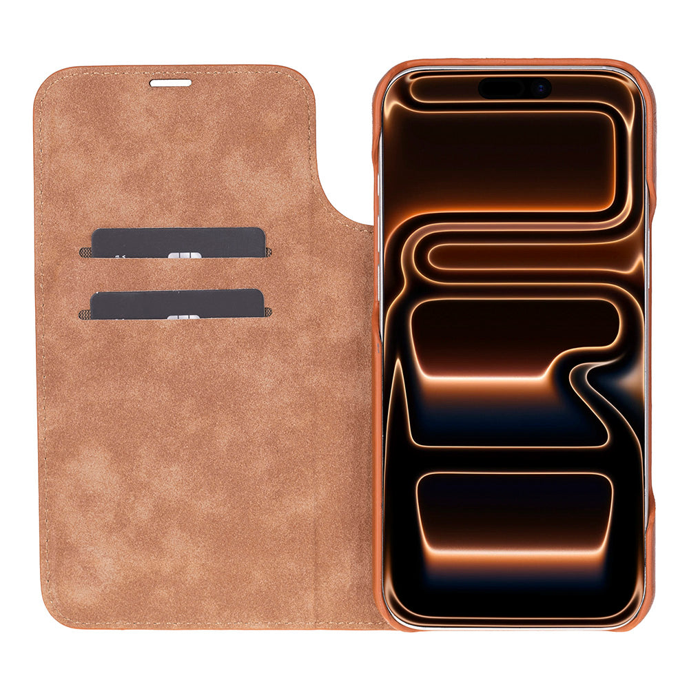 Bloomcase Magic Wallet Tan Apple Iphone 17 Pro (6.3") Hakiki Deri Çıkarılabilir Cüzdanlı Telefon Kılıfı