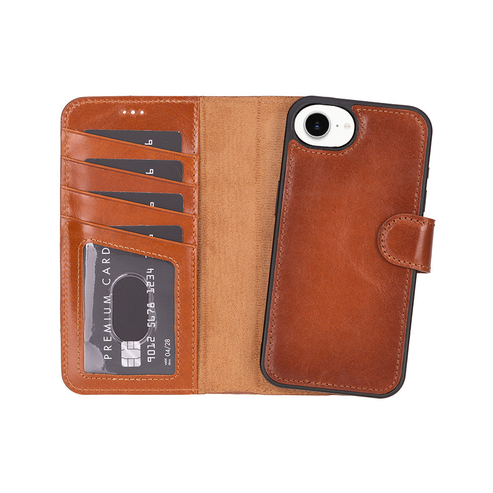 Bloomcase Magic Wallet Tan Apple Iphone 17E / 16E (6.1") Hakiki Deri Çıkarılabilir Cüzdanlı Telefon Kılıfı