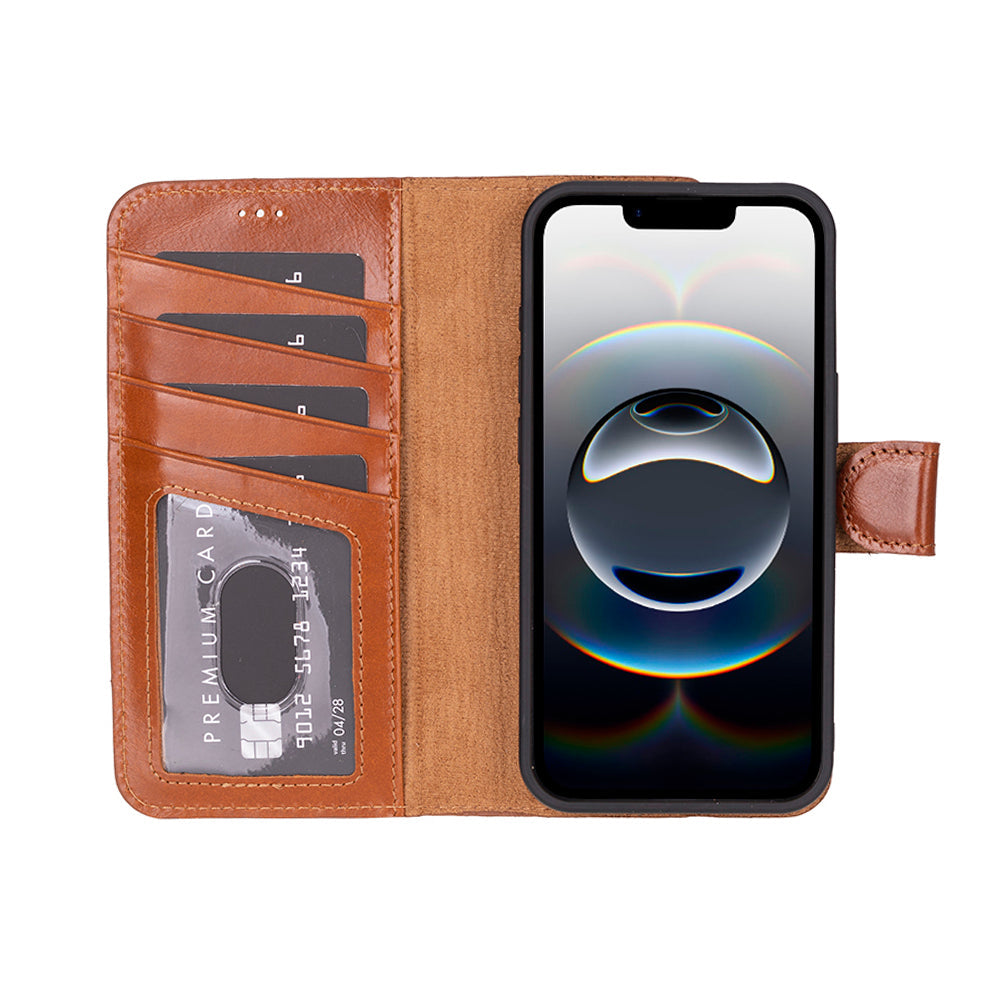 Bloomcase Magic Wallet Tan Apple Iphone 17E / 16E (6.1") Hakiki Deri Çıkarılabilir Cüzdanlı Telefon Kılıfı