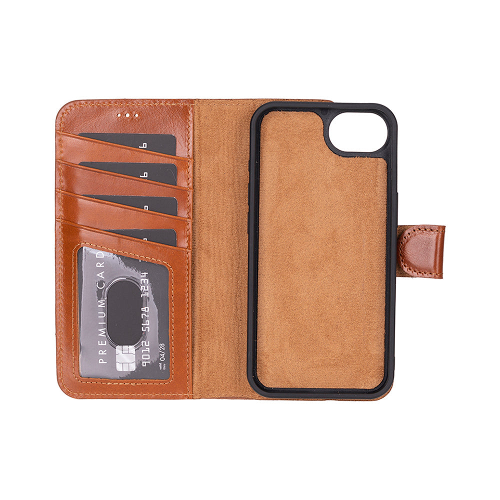 Bloomcase Magic Wallet Tan Apple Iphone 17E / 16E (6.1") Hakiki Deri Çıkarılabilir Cüzdanlı Telefon Kılıfı