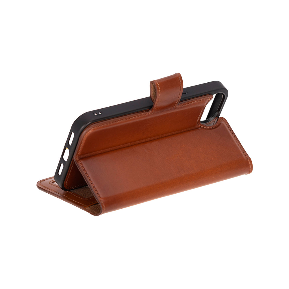 Bloomcase Magic Wallet Tan Apple Iphone 17E / 16E (6.1") Hakiki Deri Çıkarılabilir Cüzdanlı Telefon Kılıfı