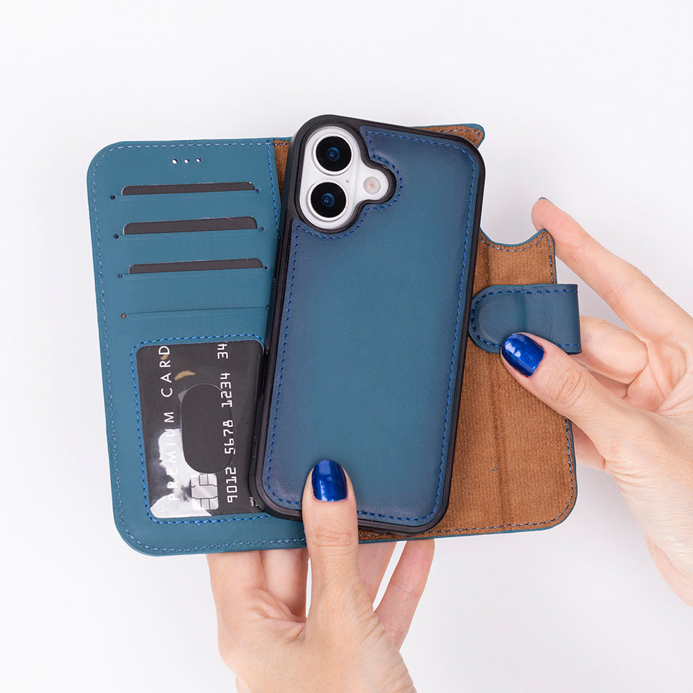 Bloomcase Royal Navy Hakiki Deri Iphone 17 (6.3") Çıkartılabilir Cüzdan Kılıf