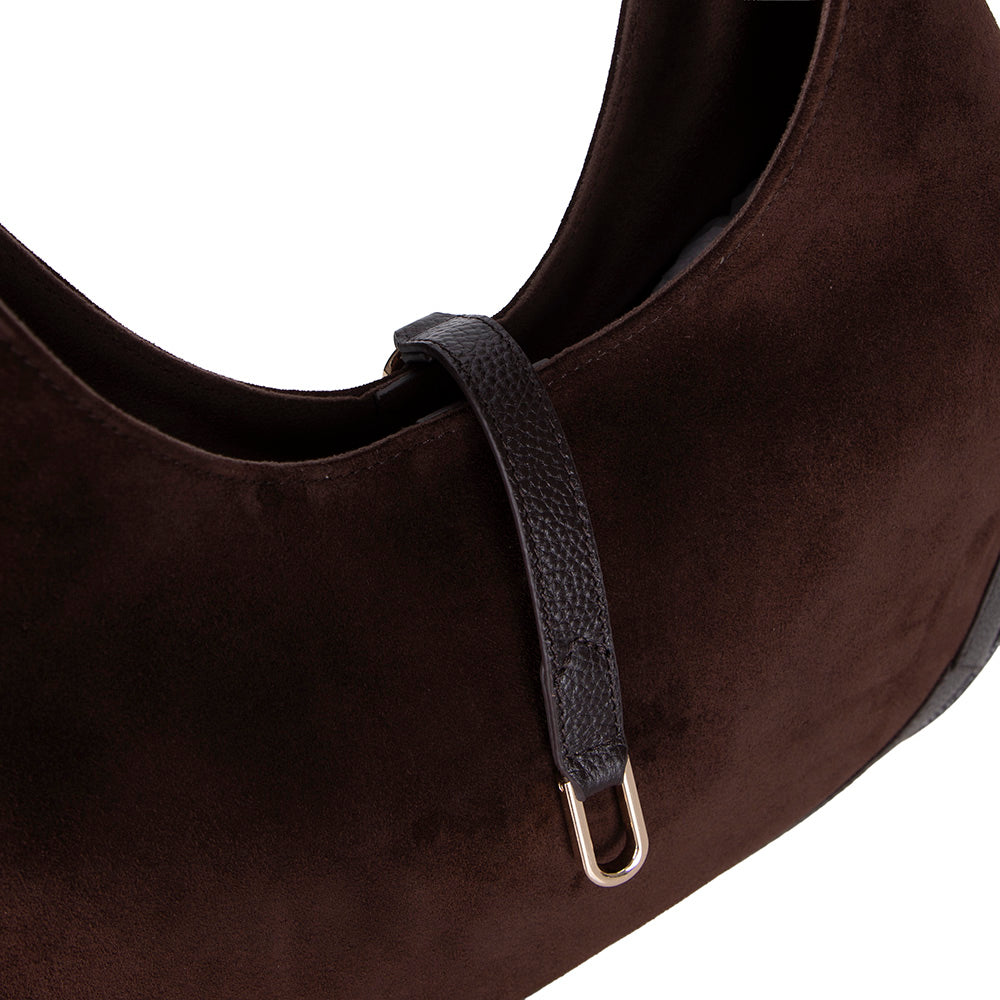 Crescente Walnut Suede Hakiki Deri Kadın Yarım Ay Formlu, El Yapımı Omuz Çantası