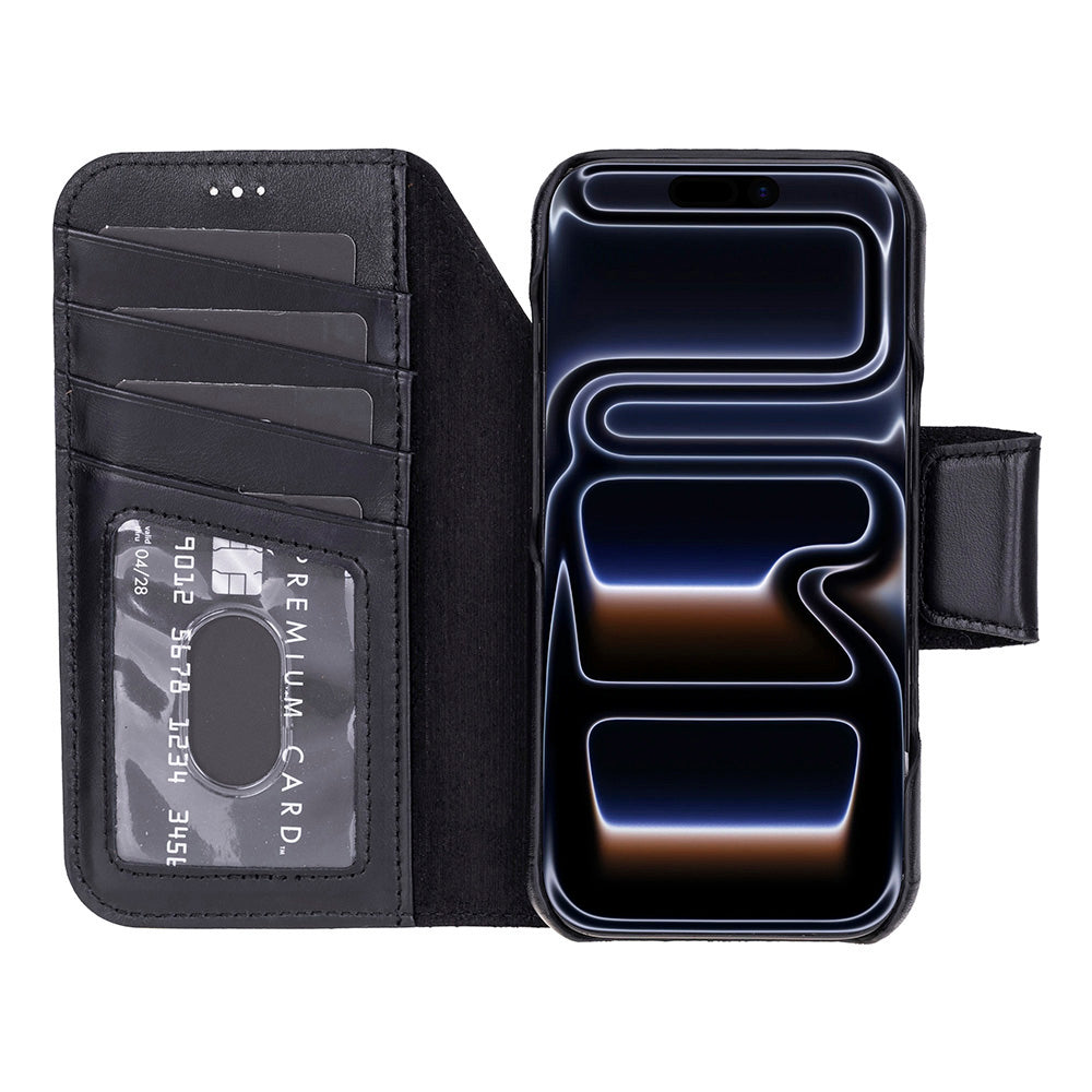 Porta Noir Black Deri Iphone 17 Pro Max(6.9") Hakiki Deri Çıkarılabilir Cüzdanlı Telefon Kılıfı
