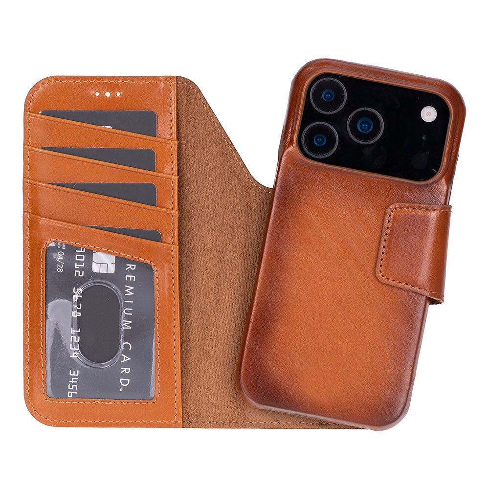 Porta Warm Tan Deri Iphone 17 Pro (6.3") Hakiki Deri Çıkarılabilir Cüzdanlı Telefon Kılıfı