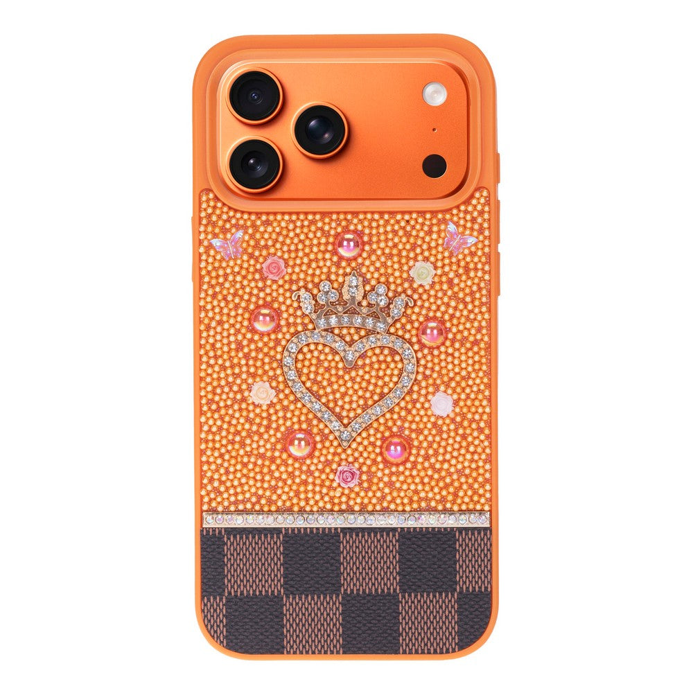 Tiara Orange Crystal Heart Iphone 17 Pro Max Taşlı Telefon Kılıfı