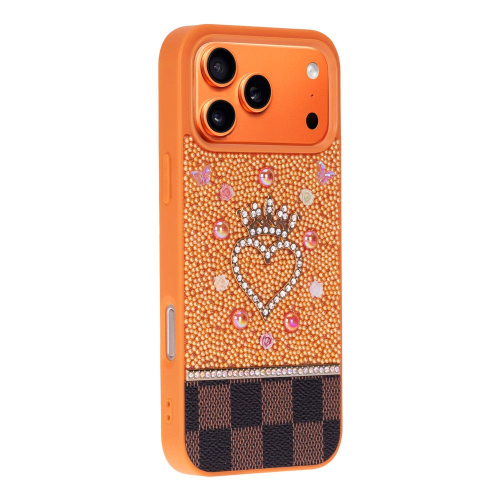 Tiara Orange Crystal Heart Iphone 17 Pro Taşlı Telefon Kılıfı