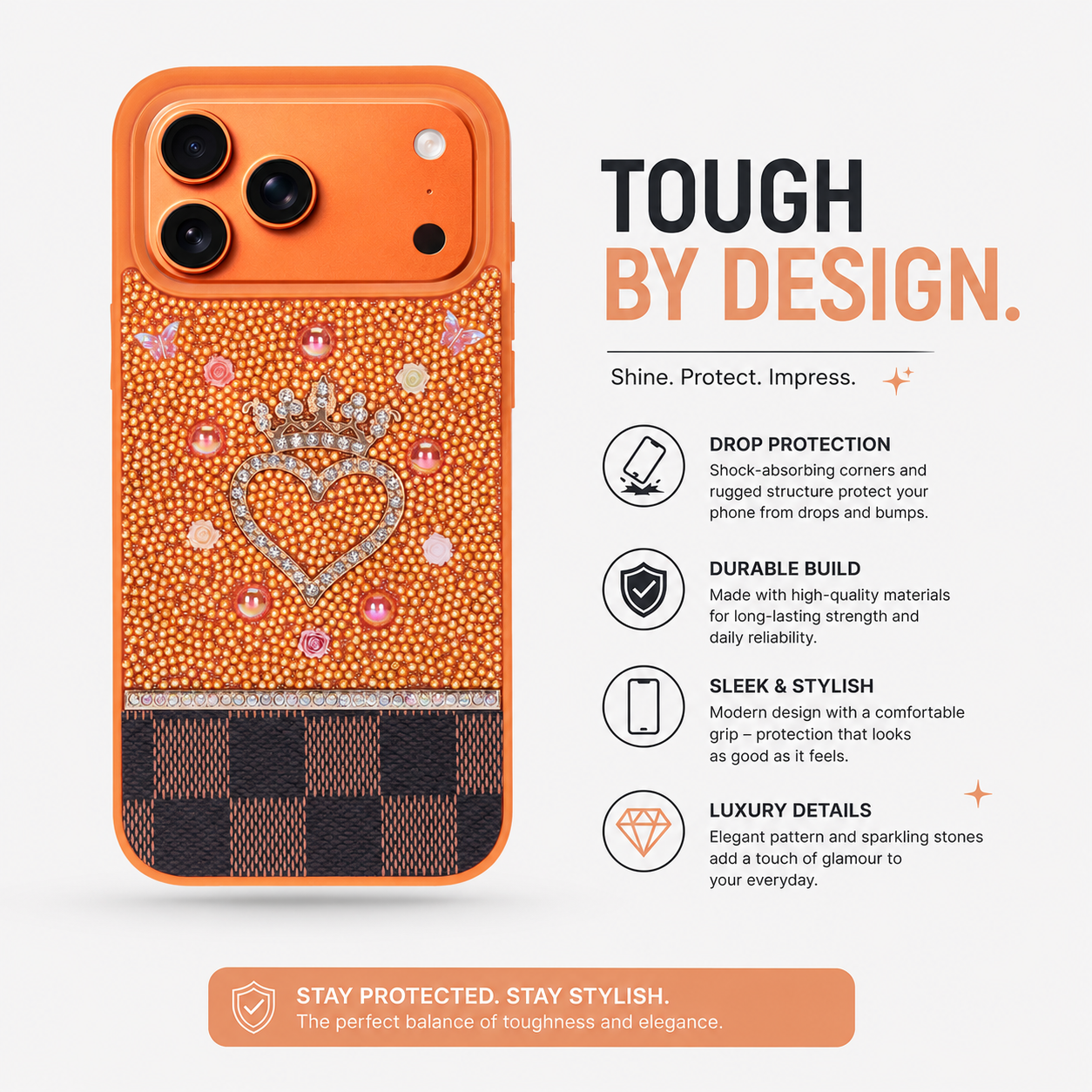 Tiara Orange Crystal Heart Iphone 17 Pro Taşlı Telefon Kılıfı