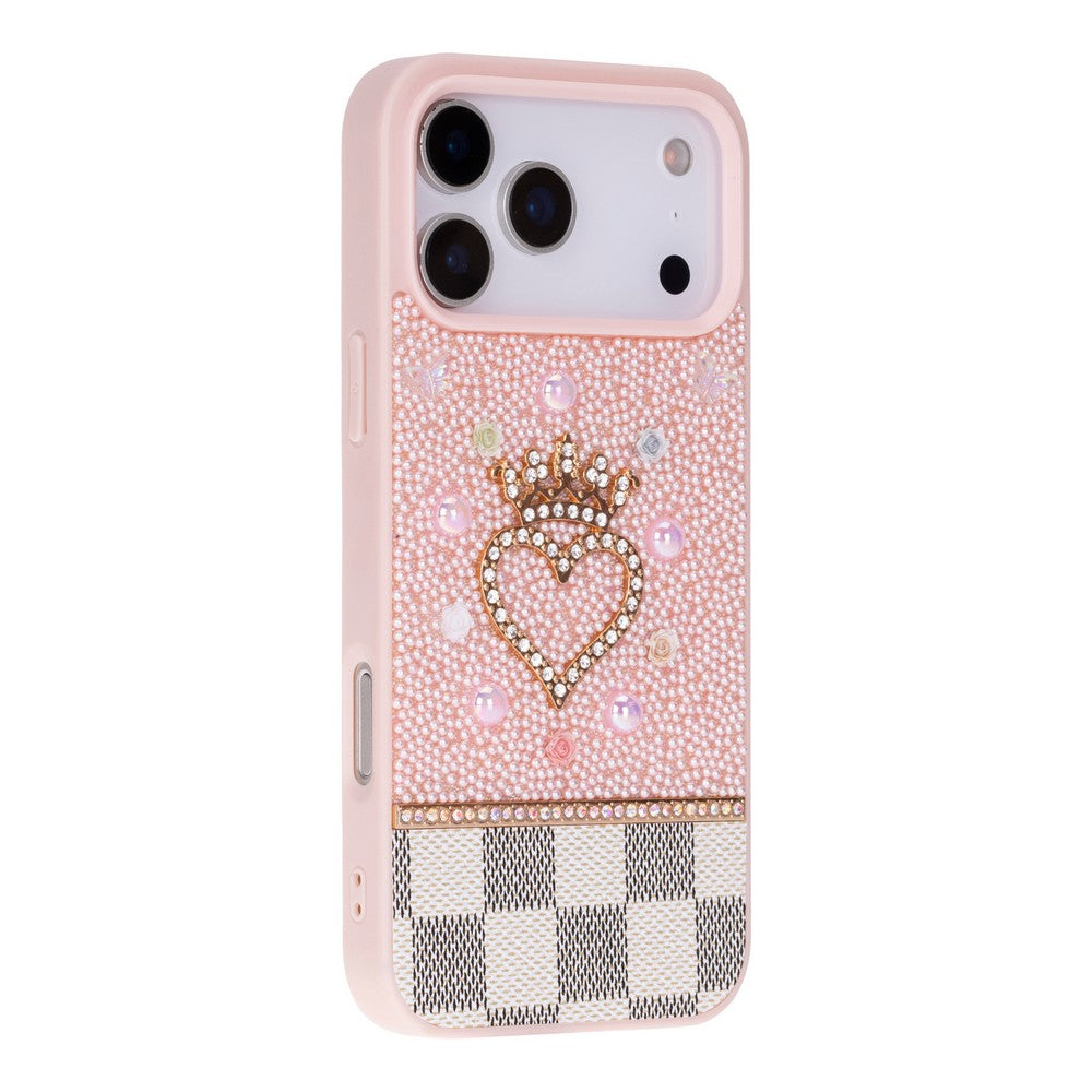 Tiara Pink Crystal Heart Iphone 17 Pro Max Taşlı Telefon Kılıfı