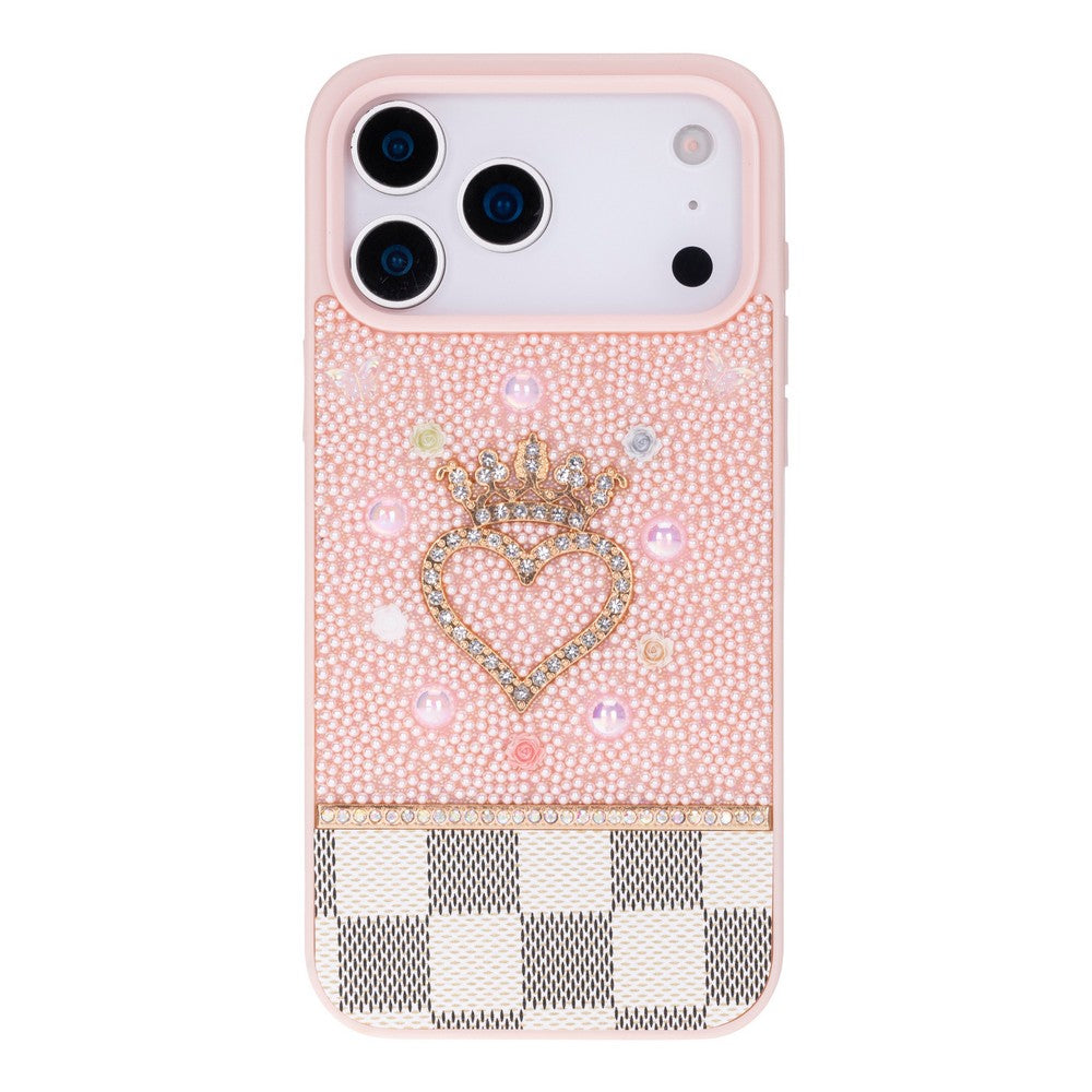 Tiara Pink Crystal Heart Iphone 17 Pro Max Taşlı Telefon Kılıfı