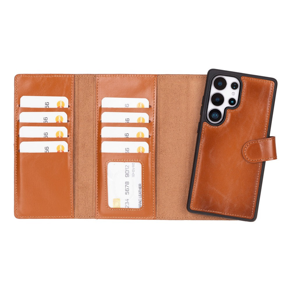 Valeno Siena Tan Deri Wallet Case Samsung Galaxy S25 Ultra (6.9") | Manyetik Ayrılabilir Cüzdanlı Telefon Kılıfı