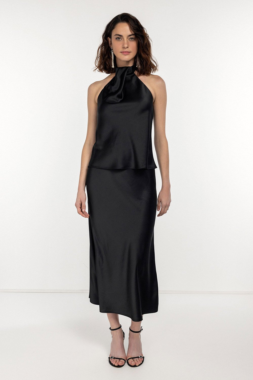 Boneqa Barcelona-Belden Lastikli Volanlı Siyah Midi Etek-Etek-1-Milagron.com