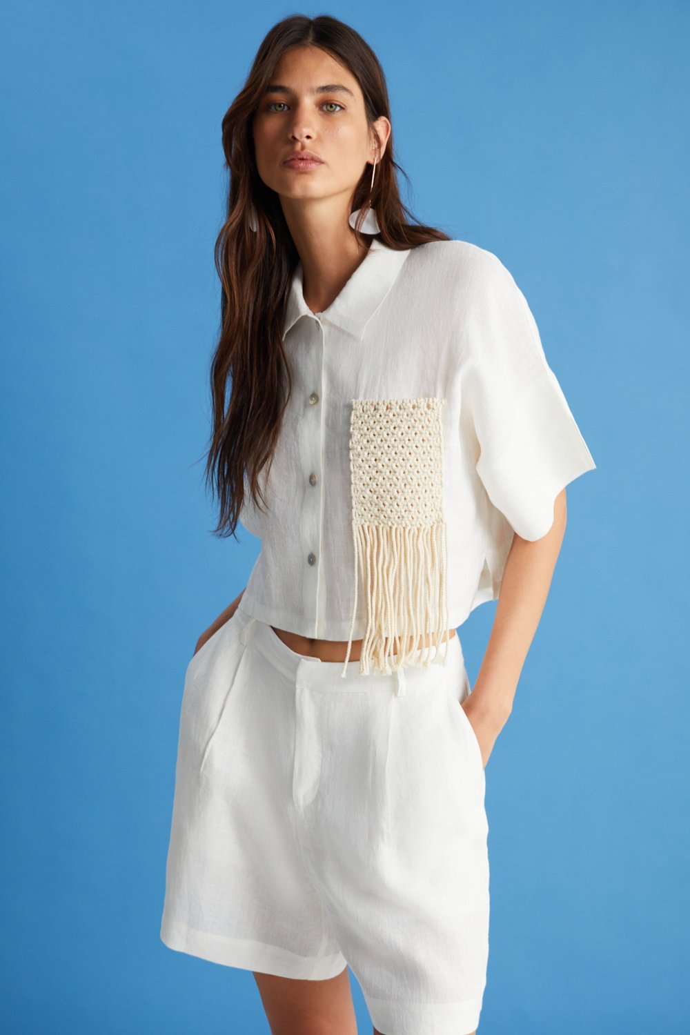 Boneqa Barcelona-Cep Detaylı Ekru Keten Gömlek-Gömlek-1-Milagron.com