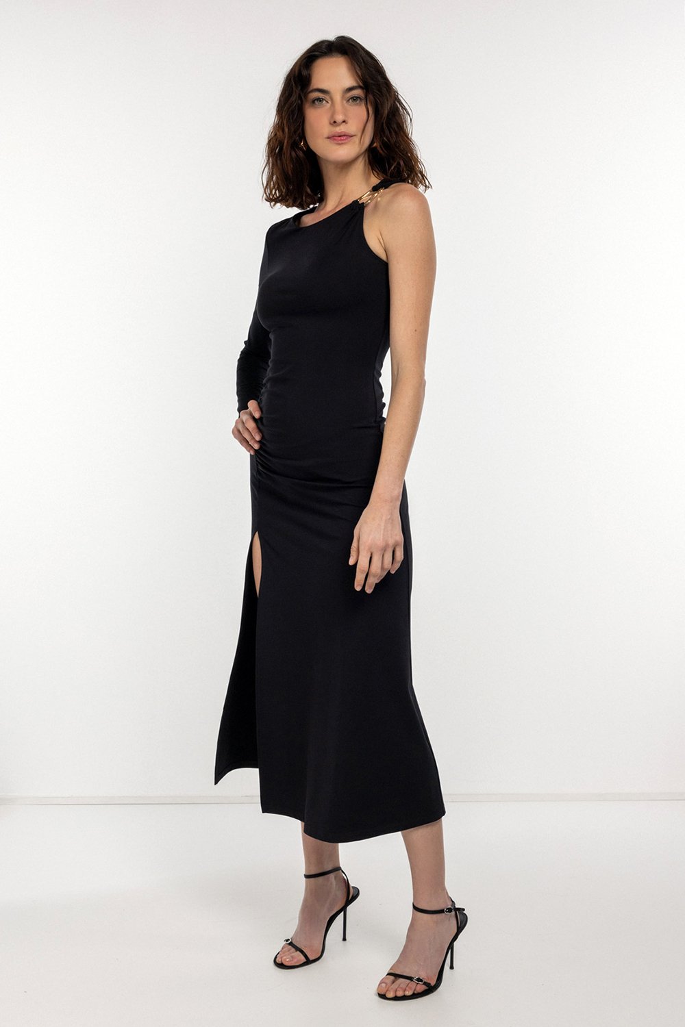 Boneqa Barcelona-Gold Toka Detaylı Tek Kollu Elbise-Elbise-6-Milagron.com