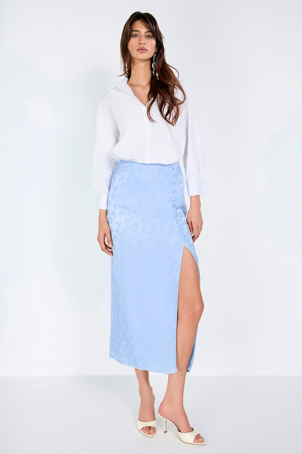 Boneqa Barcelona-Jakarlı Önden Düğme Detaylı Mavi Midi Etek-Etek-1-Milagron.com