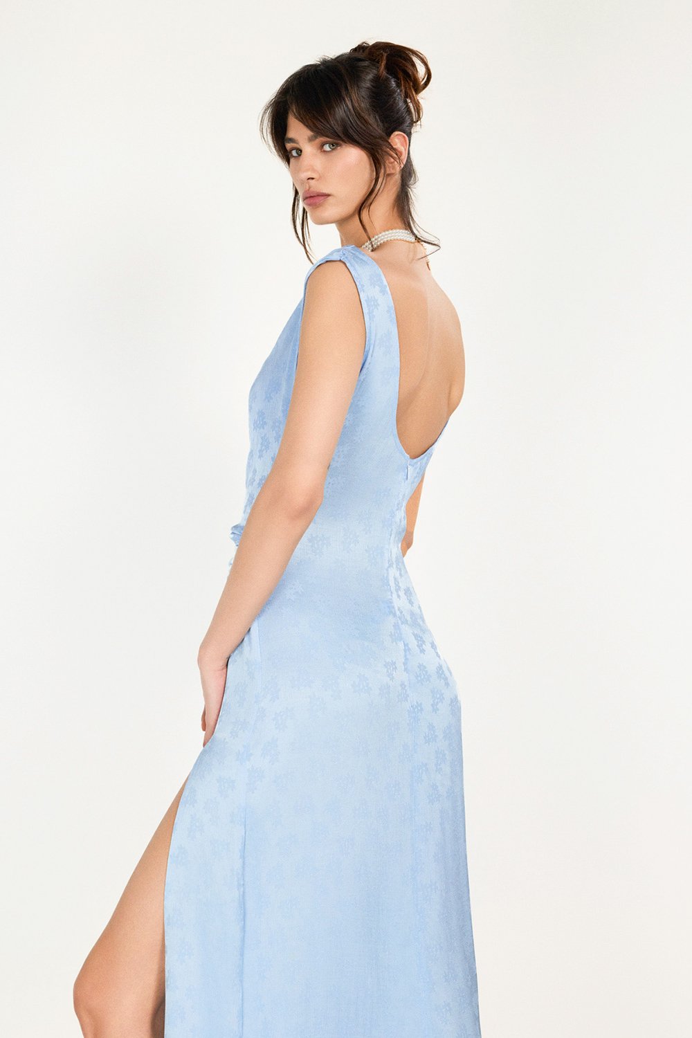 Boneqa Barcelona-Jakarlı Yandan Yırtmaç Detaylı Mavi Elbise-Elbise-6-Milagron.com