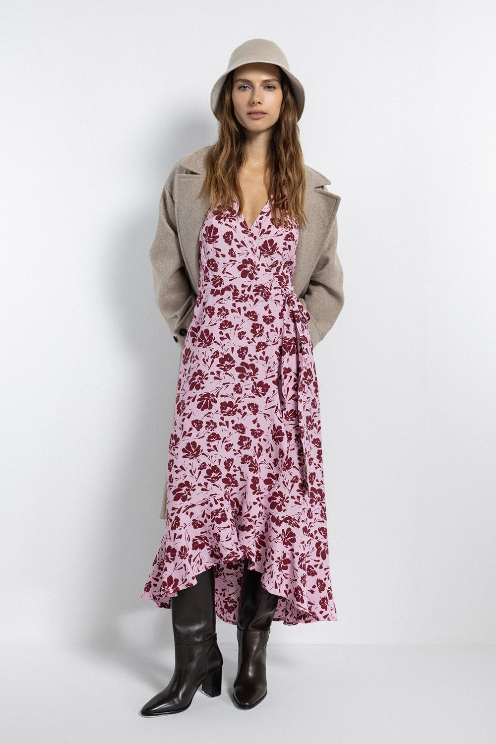 Boneqa Barcelona-Kruvaze Yaka Detaylı Desenli Elbise-Elbise-1-Milagron.com