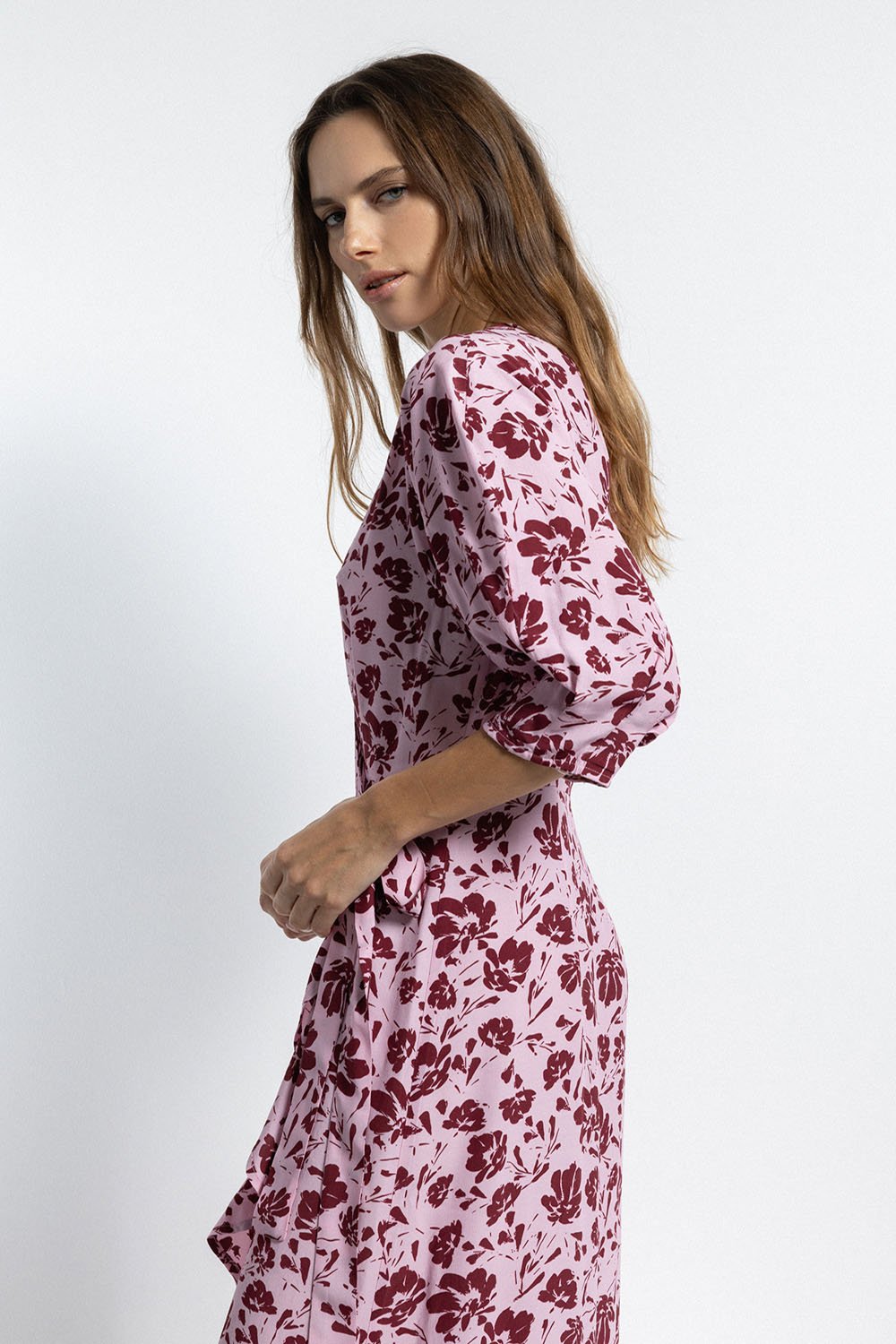 Boneqa Barcelona-Kruvaze Yaka Detaylı Desenli Elbise-Elbise-5-Milagron.com