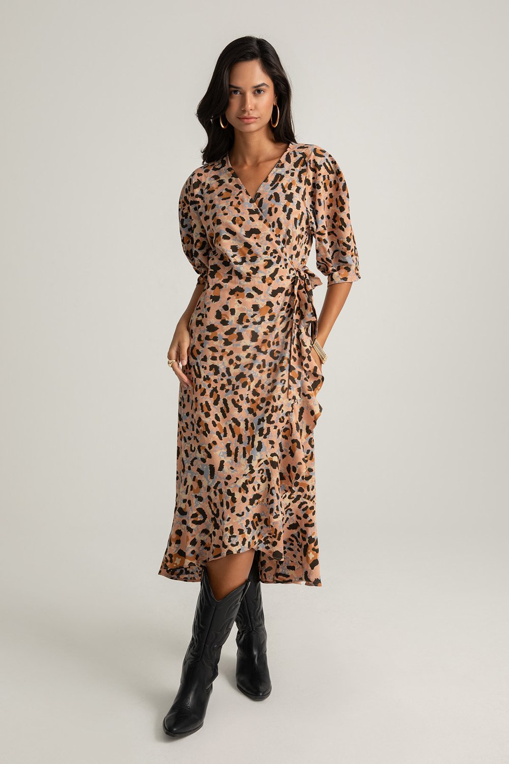 Boneqa Barcelona-Kruvaze Yaka Detaylı Leopar Desenli Elbise-Elbise-1-Milagron.com