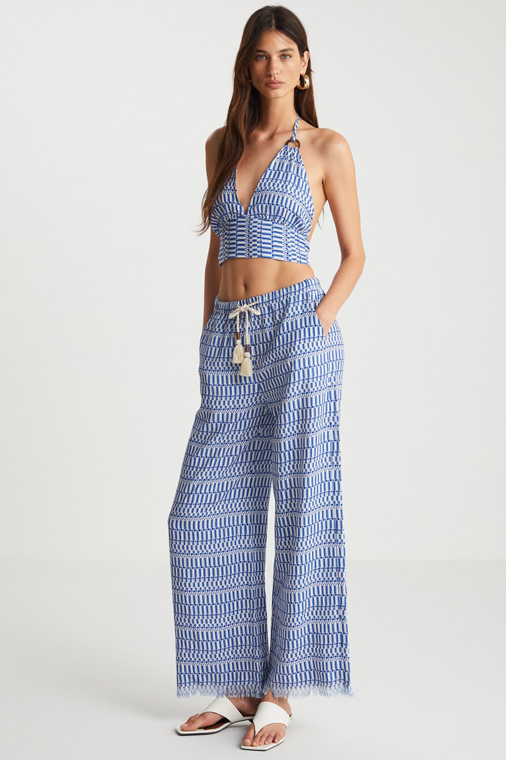 Boneqa Barcelona-Mavi Desenli Keten Karışımlı Pantolon-Pantolon-1-Milagron.com