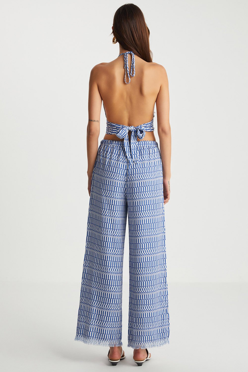 Boneqa Barcelona-Mavi Desenli Keten Karışımlı Pantolon-Pantolon-3-Milagron.com