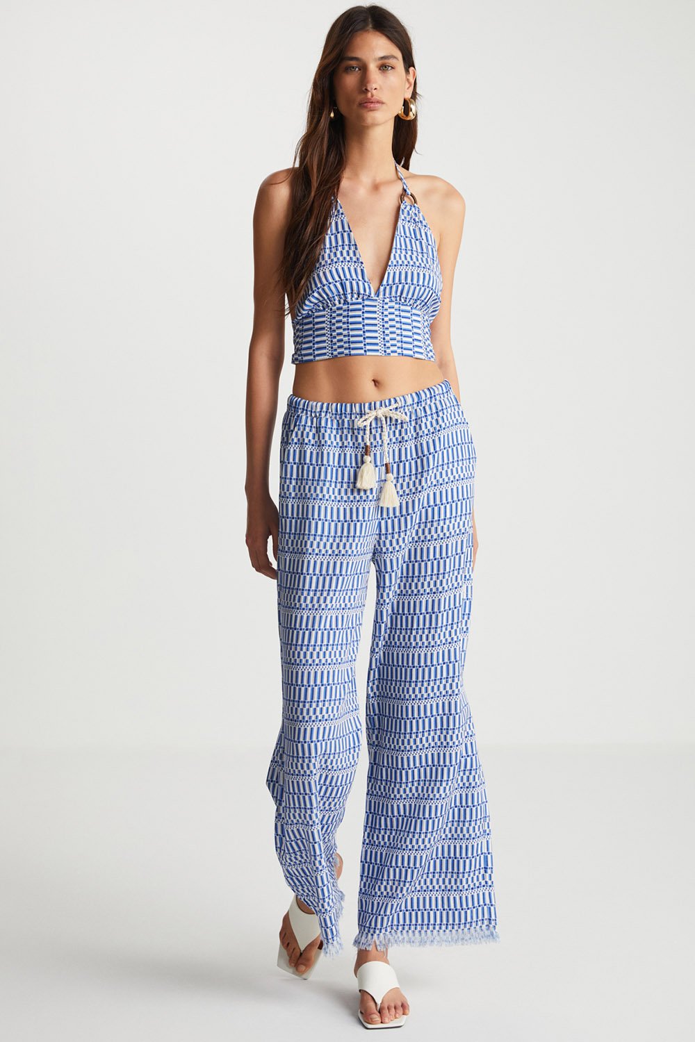 Boneqa Barcelona-Mavi Desenli Keten Karışımlı Pantolon-Pantolon-4-Milagron.com