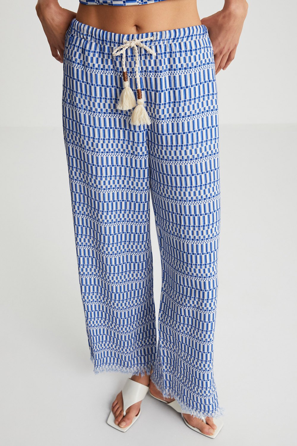 Boneqa Barcelona-Mavi Desenli Keten Karışımlı Pantolon-Pantolon-5-Milagron.com