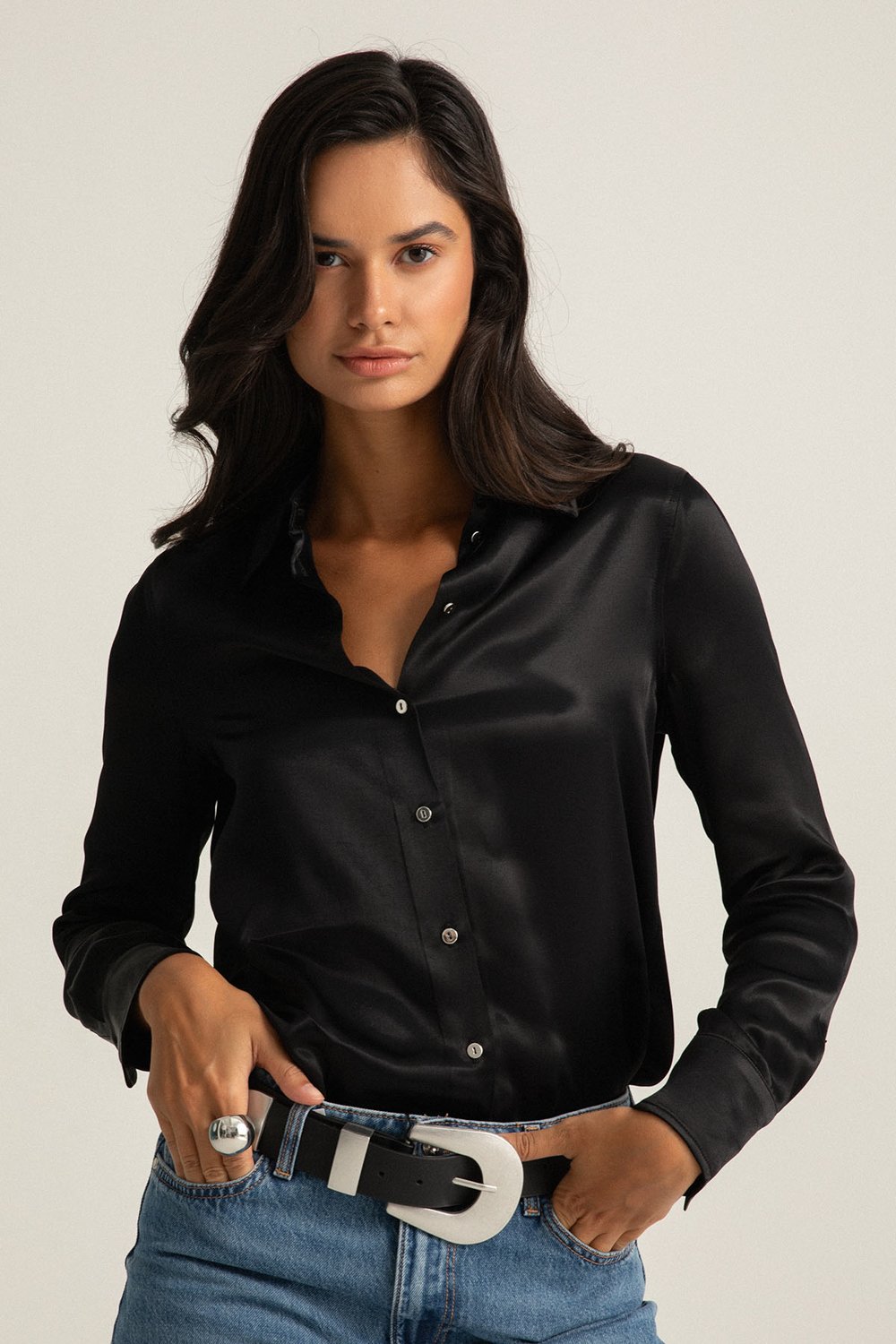 Boneqa Barcelona-Siyah Saten Smart Casual Gömlek-Gömlek-1-Milagron.com