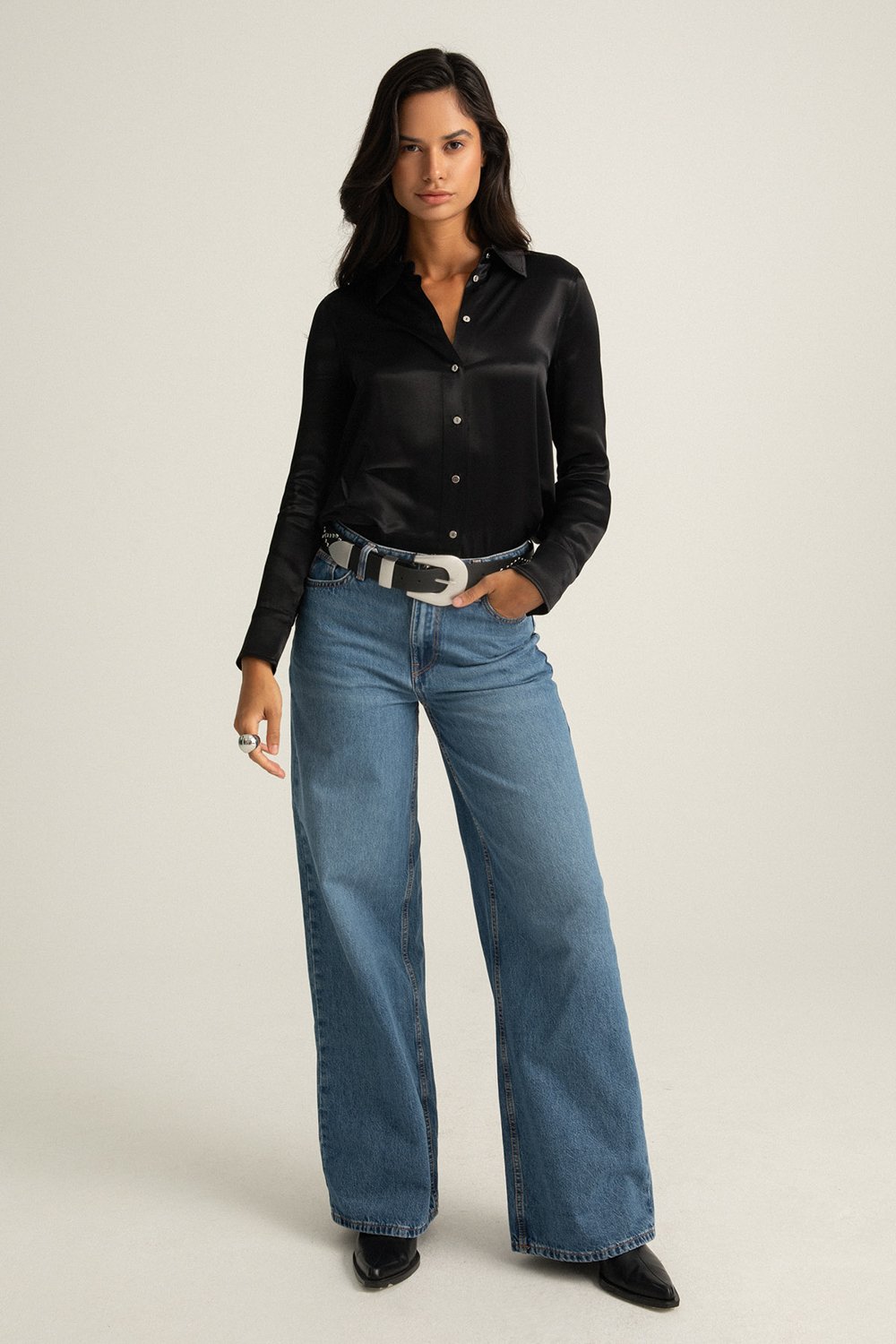 Boneqa Barcelona-Siyah Saten Smart Casual Gömlek-Gömlek-2-Milagron.com