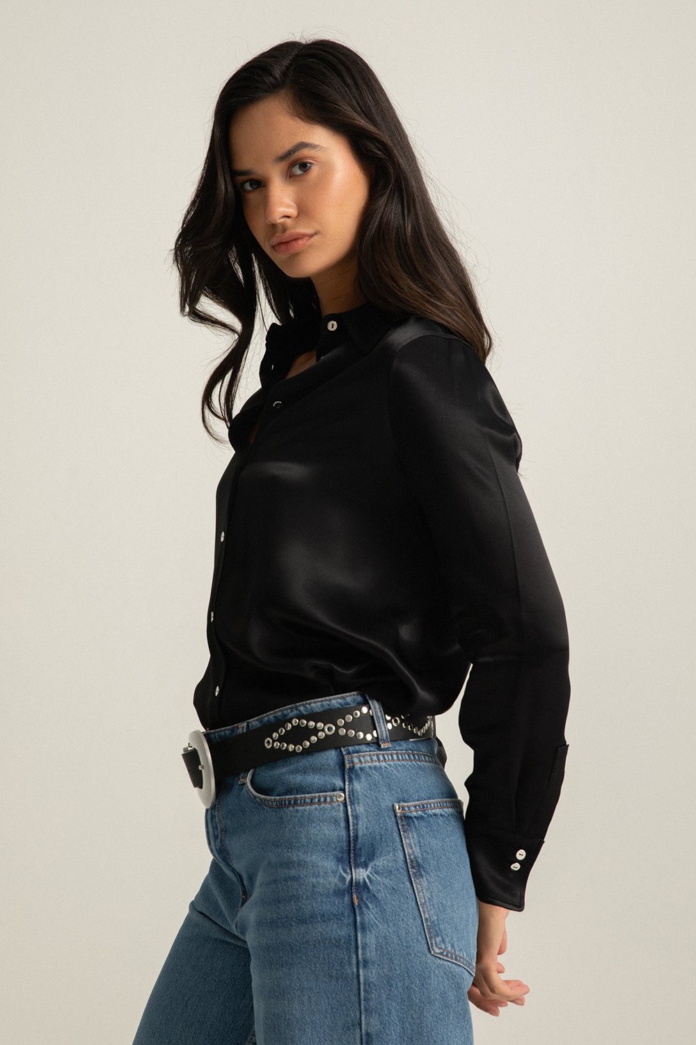 Boneqa Barcelona-Siyah Saten Smart Casual Gömlek-Gömlek-4-Milagron.com