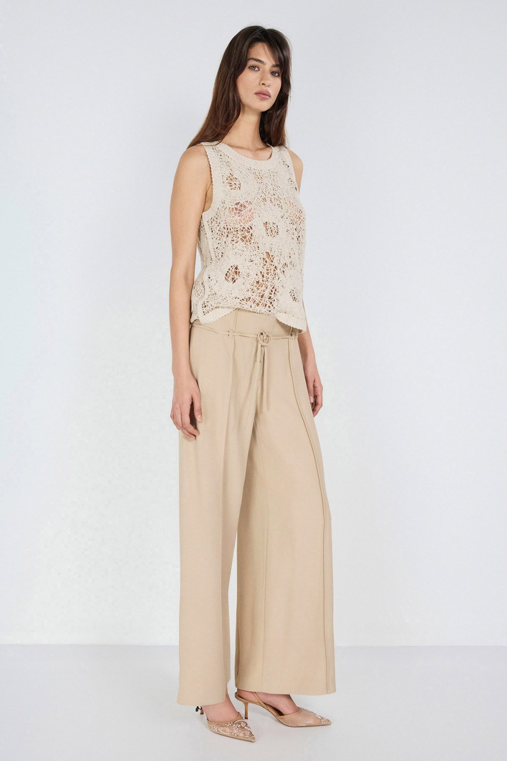 Boneqa Barcelona-Yüksek Bel Belden Bağcık Detaylı Geniş Paça Pantolon-Pantolon-2-Milagron.com