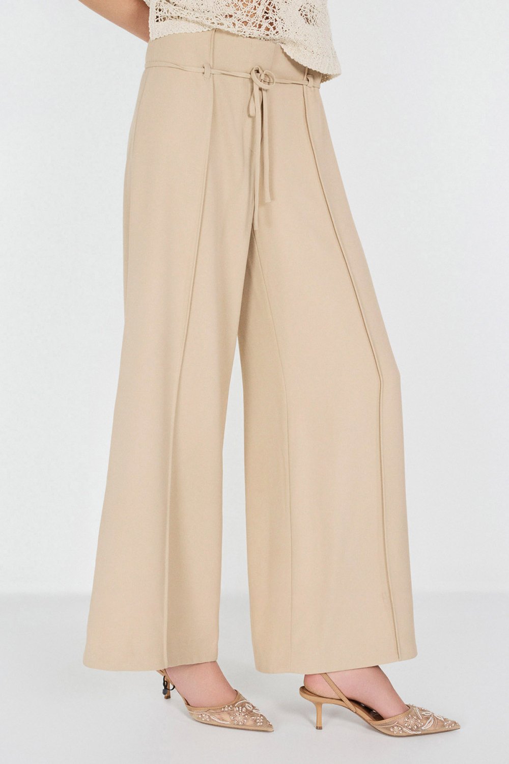 Boneqa Barcelona-Yüksek Bel Belden Bağcık Detaylı Geniş Paça Pantolon-Pantolon-3-Milagron.com