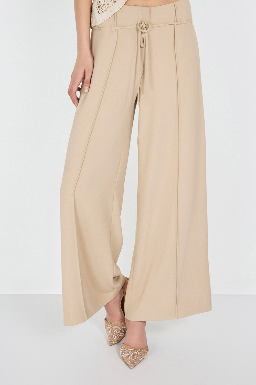 Boneqa Barcelona-Yüksek Bel Belden Bağcık Detaylı Geniş Paça Pantolon-Pantolon-4-Milagron.com