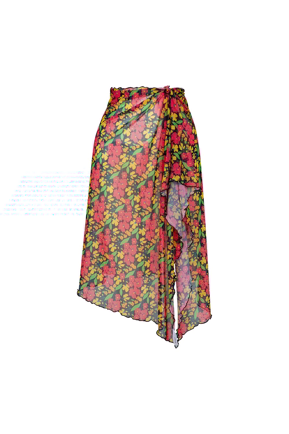 Bonesta-Callie Kırmızı Çiçek Desenli Büzgülü Volanlı Midi Pareo Etek-Pareo & Bandana-1-Milagron.com