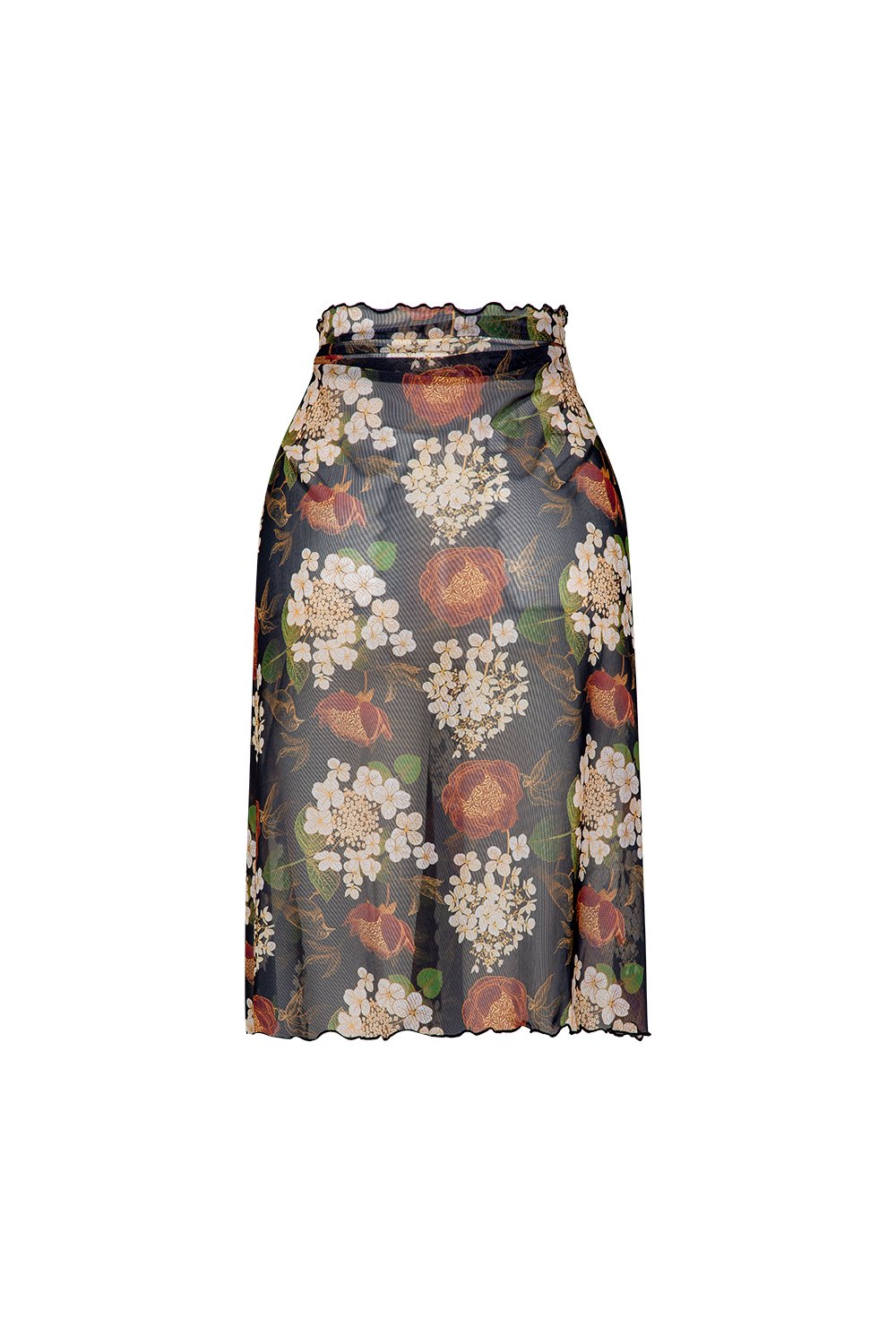 Bonesta-Callie Koyu Kahve Çiçek Desenli Büzgülü Volanlı Midi Pareo Etek-Pareo & Bandana-2-Milagron.com