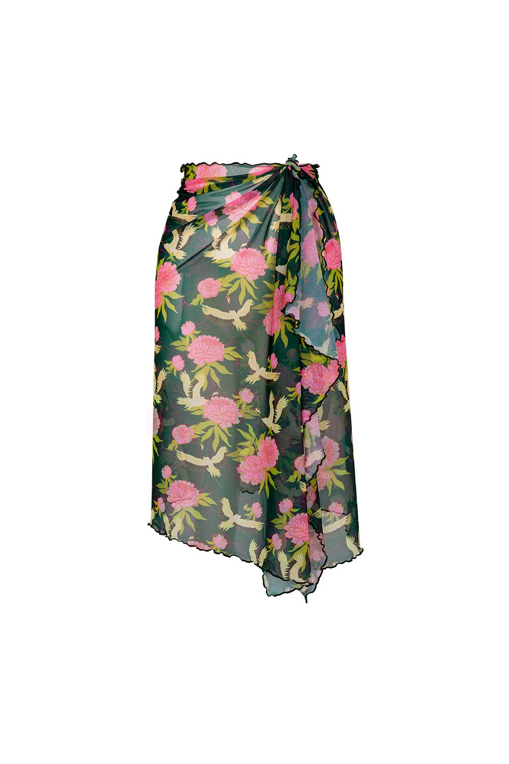 Bonesta-Callie Pembe Kuş Desenli Büzgülü Volanlı Midi Pareo Etek-Pareo & Bandana-1-Milagron.com