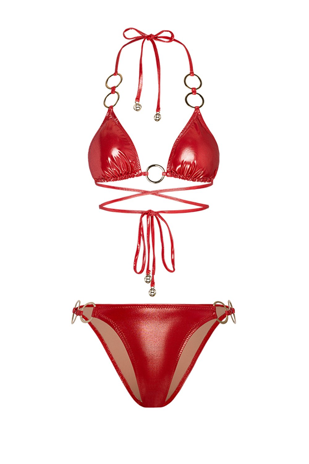 Bonesta-Escalante Shiny Crimson Red Halka Aksesuarlı Üçgen Bikini Takımı-Bikini & Mayo-4-Milagron.com