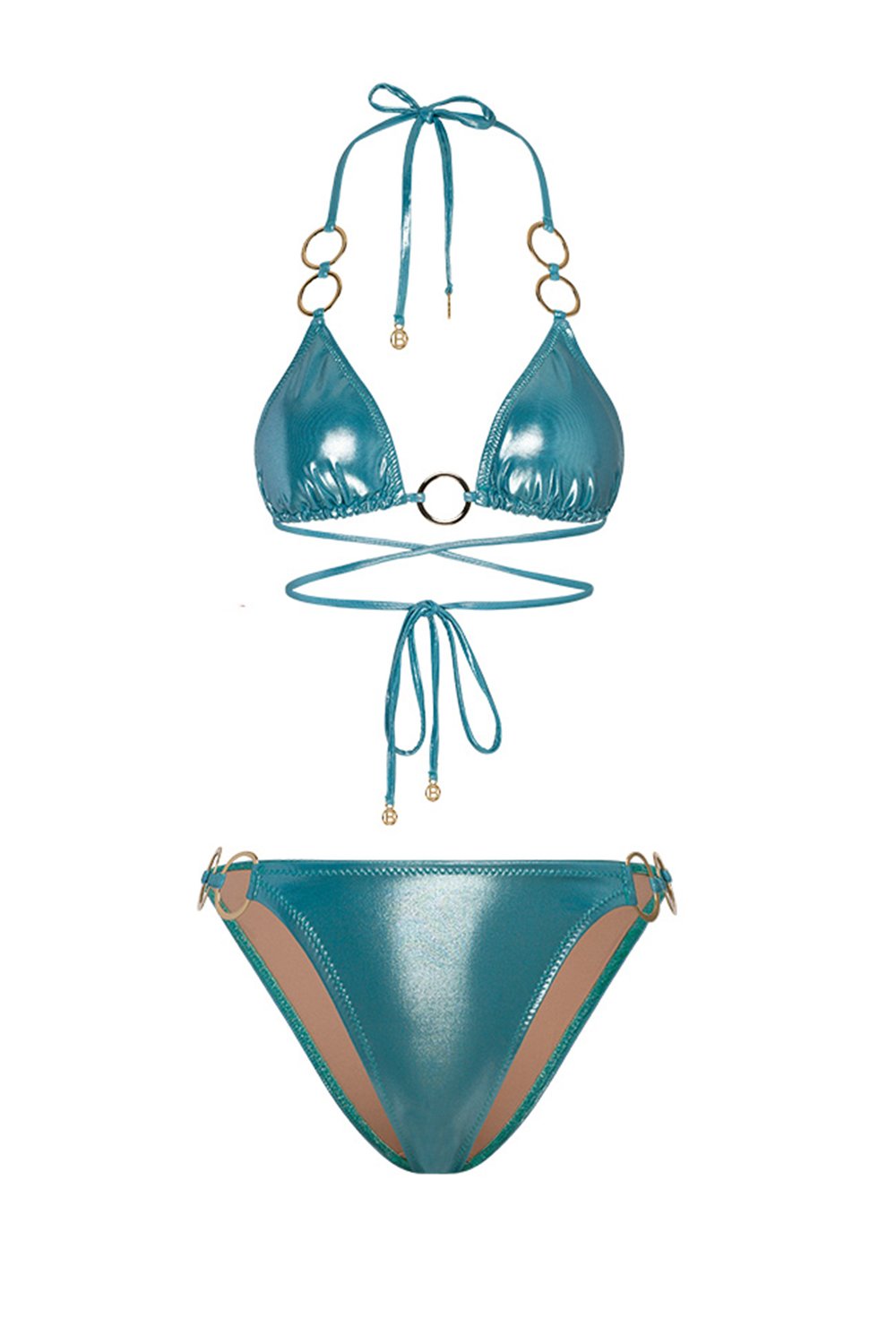 Bonesta-Escalante Shiny Turquoise Blue Halka Aksesuarlı Üçgen Bikini Takımı-Bikini & Mayo-4-Milagron.com