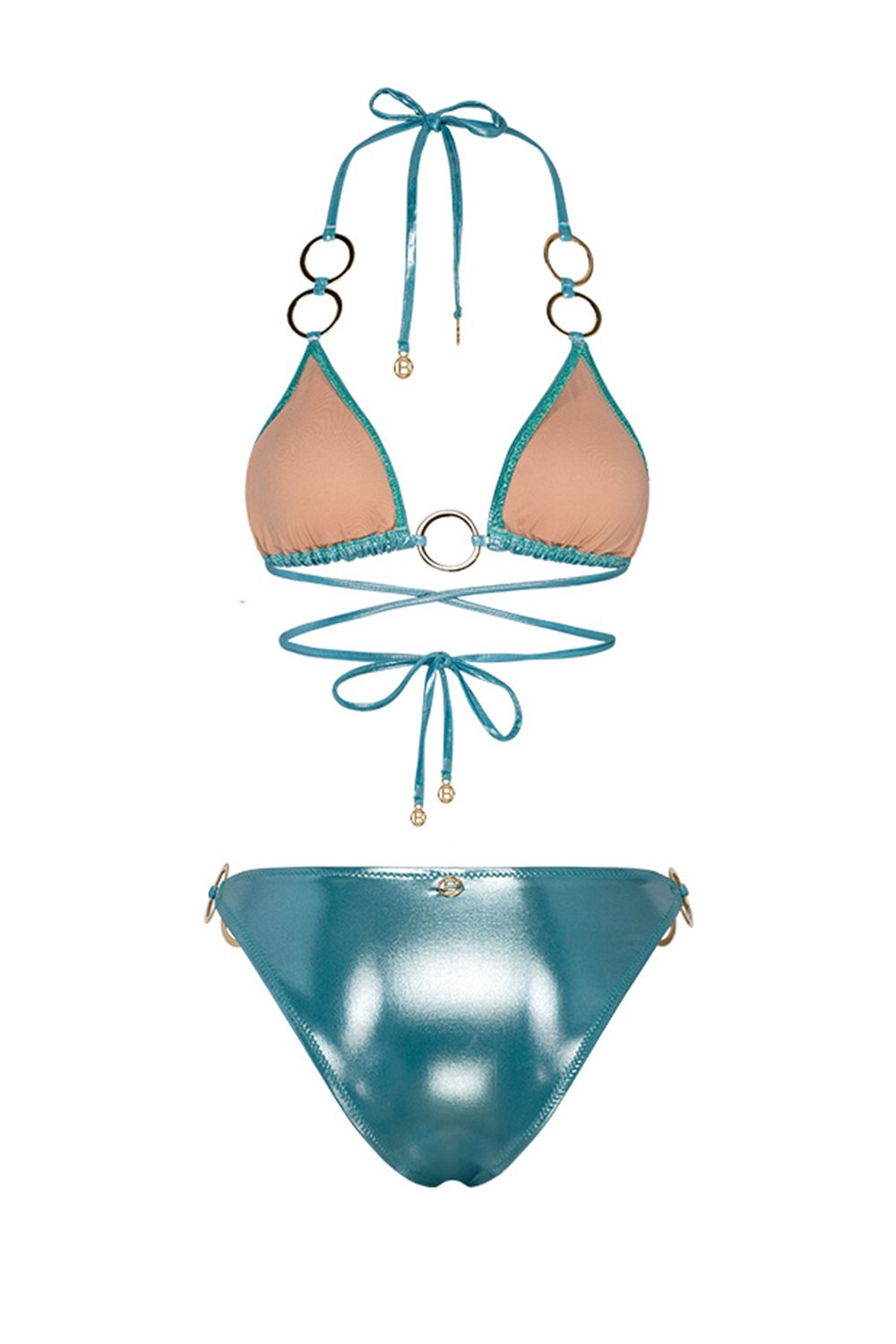 Bonesta-Escalante Shiny Turquoise Blue Halka Aksesuarlı Üçgen Bikini Takımı-Bikini & Mayo-5-Milagron.com