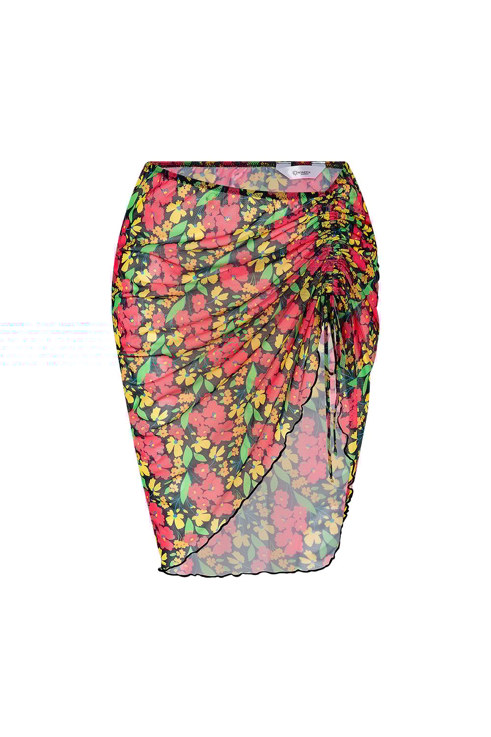 Bonesta-Harper Kırmızı Çiçek Desenli Büzgülü Yırtmaçlı Pareo Etek-Pareo & Bandana-1-Milagron.com