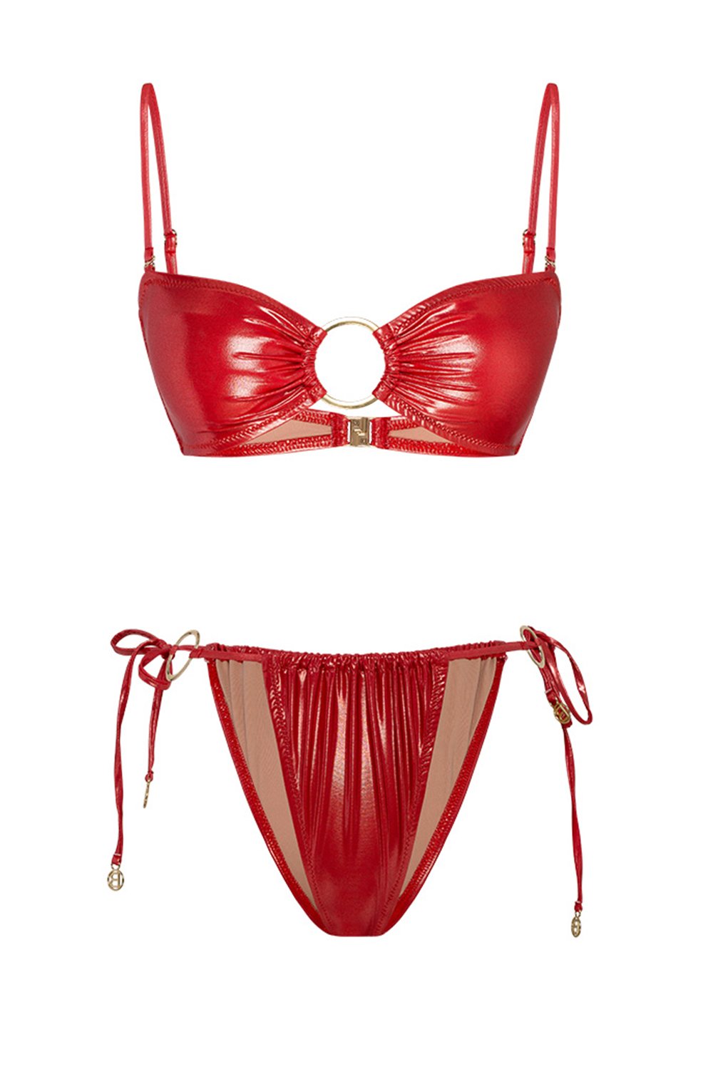 Bonesta-Sechura Shiny Crimson Red Halka Aksesuarlı Straplez Bikini Takımı-Bikini & Mayo-4-Milagron.com