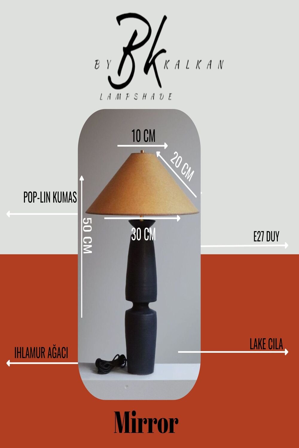 By Kalkan-Mi̇rror Ahşap Ayaklı Lake Cilalı Abajur, Masa Lambası, Aydınlatma-Abajur-2-Milagron.com