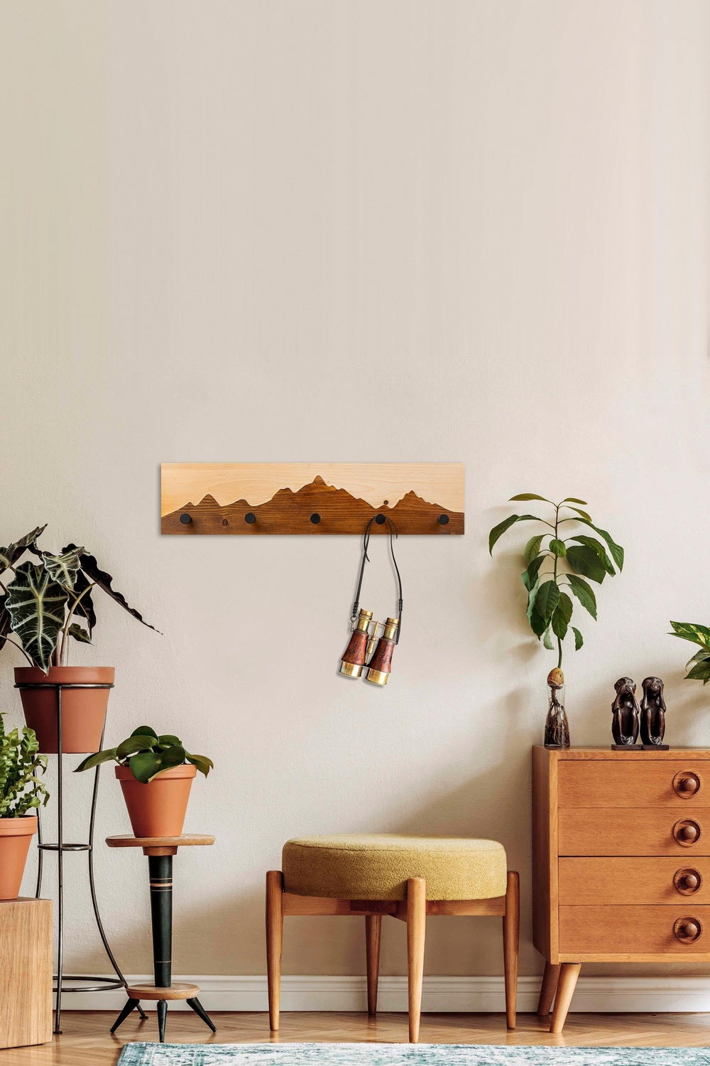 Dekoratif Ahşap Askılık, Siyah-Ceviz - 60x14x5 Cm - 0
