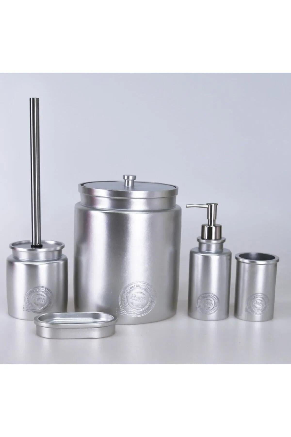 By Selim Stamp Gümüş 5 Parça Polyester Banyo Seti